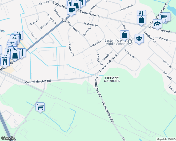 map of restaurants, bars, coffee shops, grocery stores, and more near 227 Randall Lane in Goldsboro