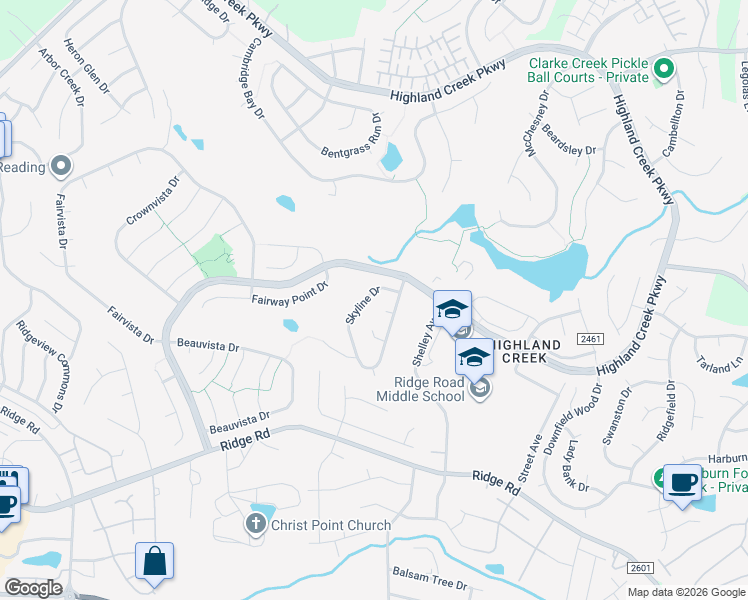 map of restaurants, bars, coffee shops, grocery stores, and more near 6413 Skyline Drive in Charlotte
