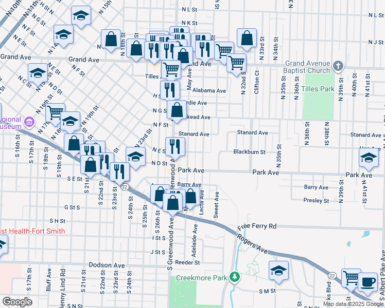 map of restaurants, bars, coffee shops, grocery stores, and more near 507 North May Avenue in Fort Smith