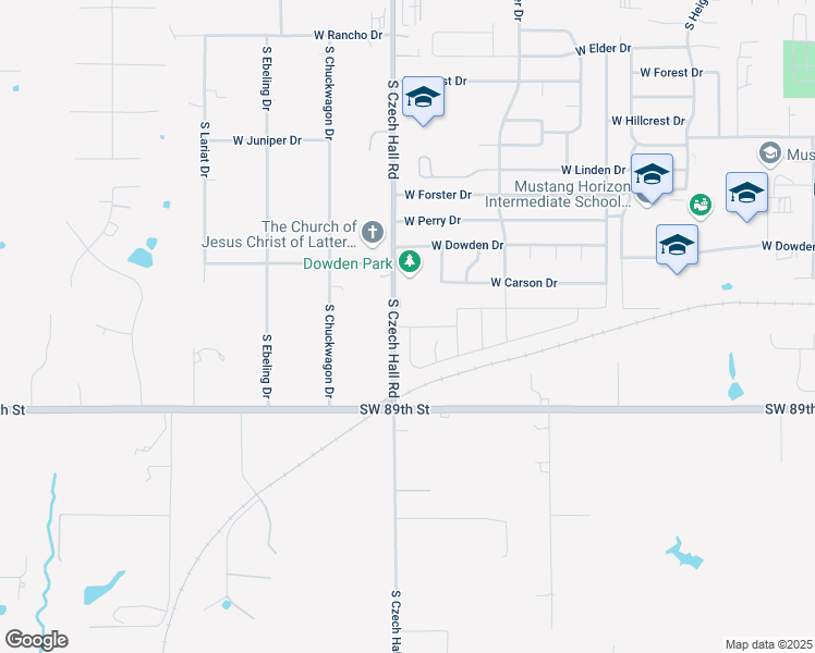 map of restaurants, bars, coffee shops, grocery stores, and more near 1308 South Czech Hall Road in Mustang