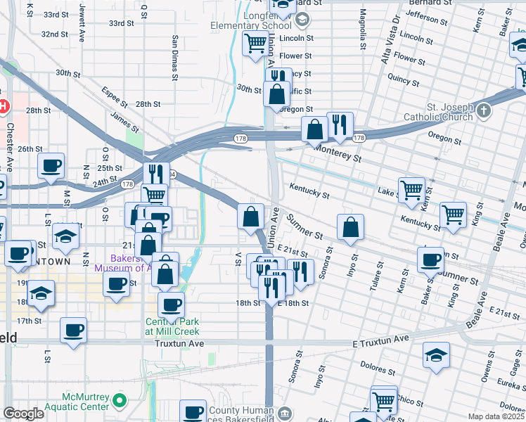 map of restaurants, bars, coffee shops, grocery stores, and more near Hopper Street in McFarland