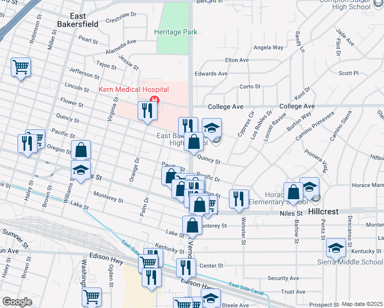 map of restaurants, bars, coffee shops, grocery stores, and more near 2200 Quincy Street in Bakersfield
