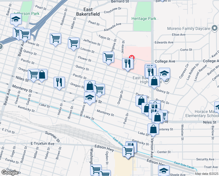map of restaurants, bars, coffee shops, grocery stores, and more near 2 Pacific Street in Bakersfield