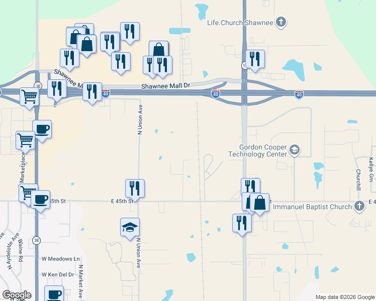 map of restaurants, bars, coffee shops, grocery stores, and more near 500 East 45th Street in Shawnee