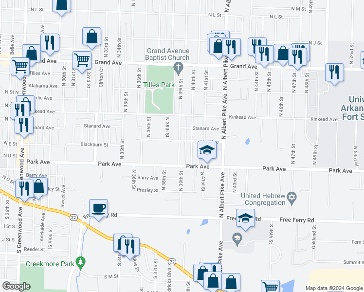 map of restaurants, bars, coffee shops, grocery stores, and more near 436 North 39th Street in Fort Smith