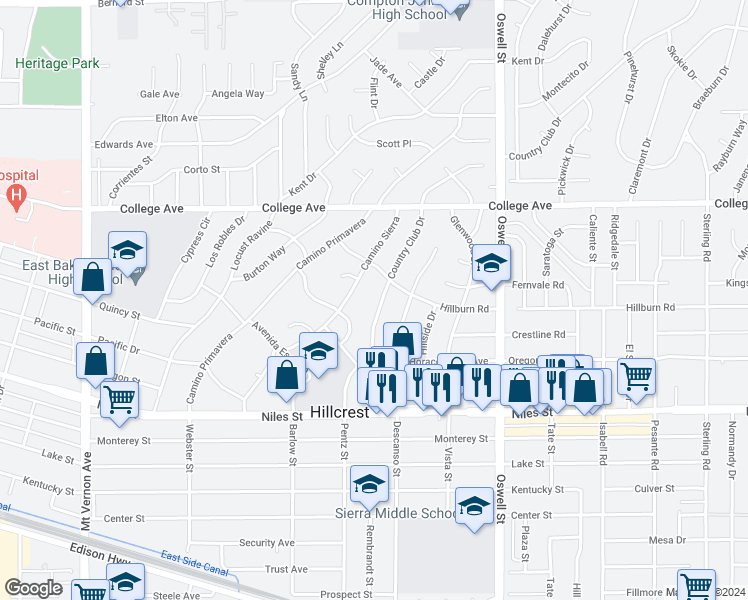map of restaurants, bars, coffee shops, grocery stores, and more near 1622 Country Club Drive in Bakersfield