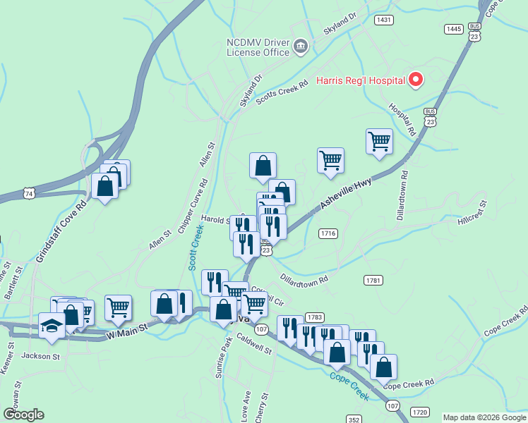 map of restaurants, bars, coffee shops, grocery stores, and more near 4 East Sylva Circle in Sylva