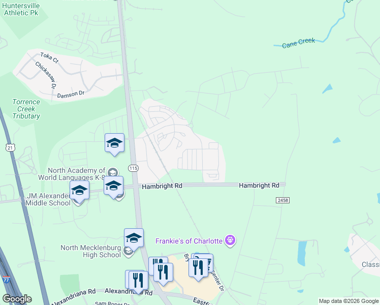 map of restaurants, bars, coffee shops, grocery stores, and more near 11785 Blessington Road in Huntersville