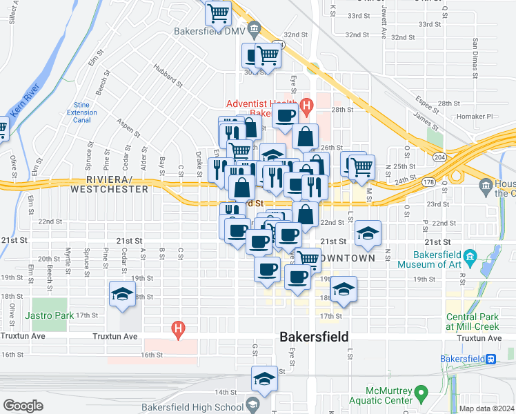 map of restaurants, bars, coffee shops, grocery stores, and more near 2230 G Street in Bakersfield
