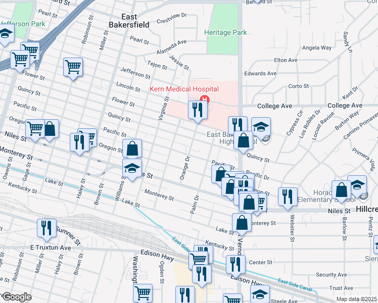 map of restaurants, bars, coffee shops, grocery stores, and more near in Kern County
