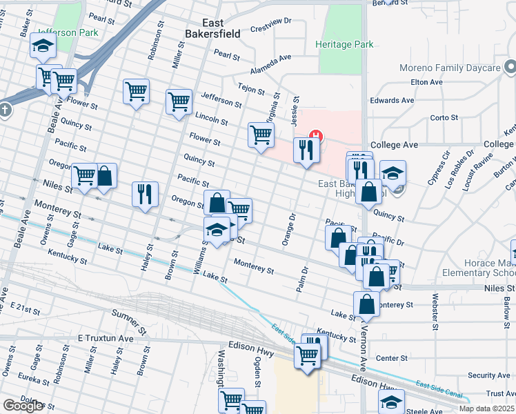 map of restaurants, bars, coffee shops, grocery stores, and more near 1708 Pacific Street in Bakersfield