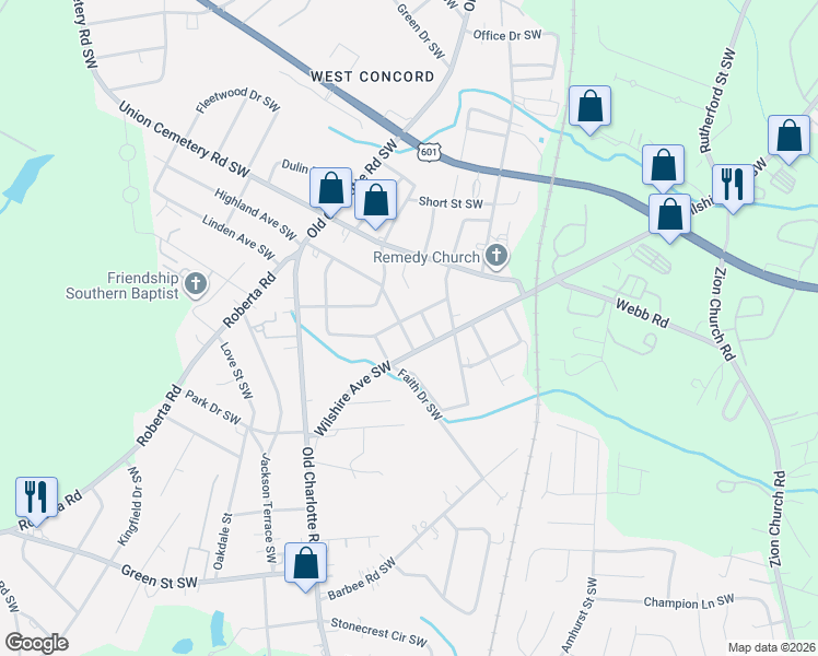map of restaurants, bars, coffee shops, grocery stores, and more near 802 Fargo Drive Southwest in Concord