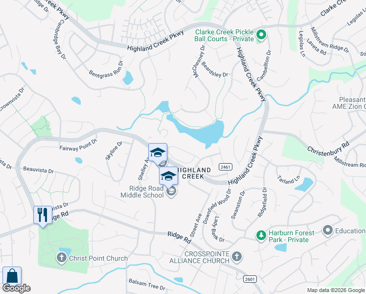 map of restaurants, bars, coffee shops, grocery stores, and more near 5826 Mantario Drive in Charlotte