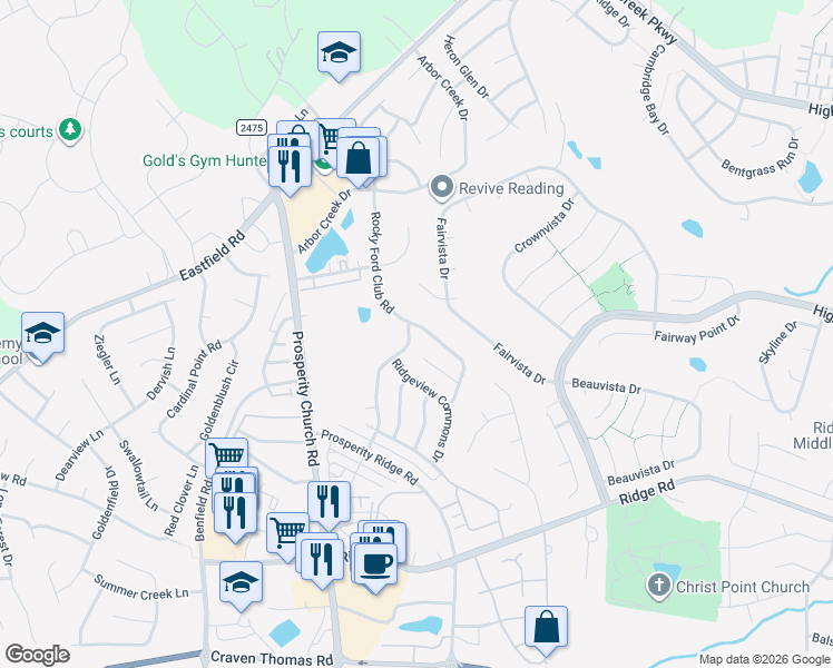 map of restaurants, bars, coffee shops, grocery stores, and more near 9928 Rocky Ford Club Road in Charlotte