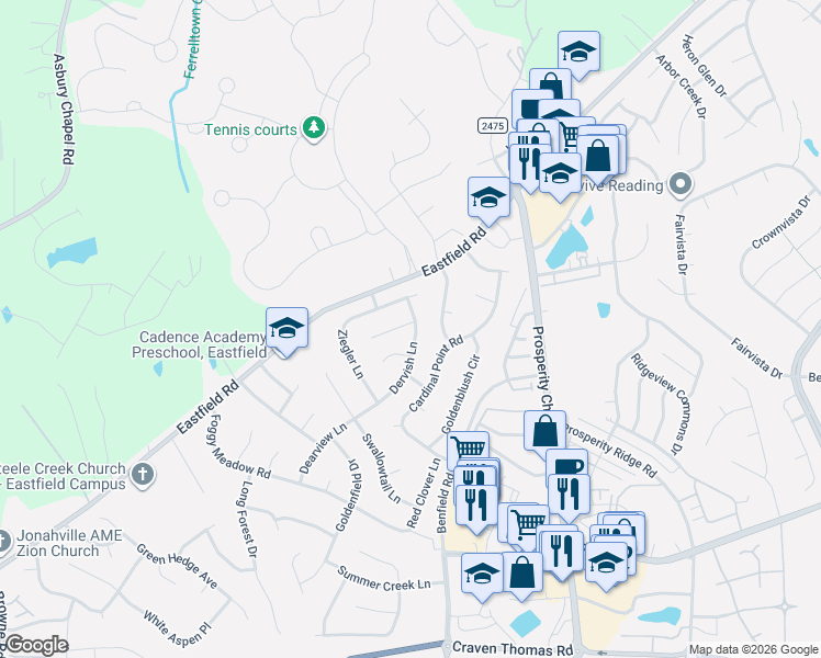 map of restaurants, bars, coffee shops, grocery stores, and more near 6618 Ziegler Lane in Charlotte