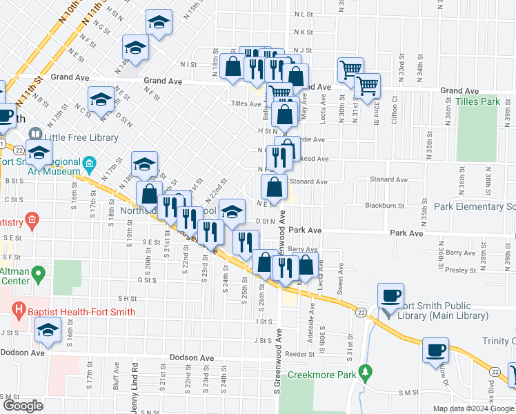 map of restaurants, bars, coffee shops, grocery stores, and more near 502 North 25th Street in Fort Smith