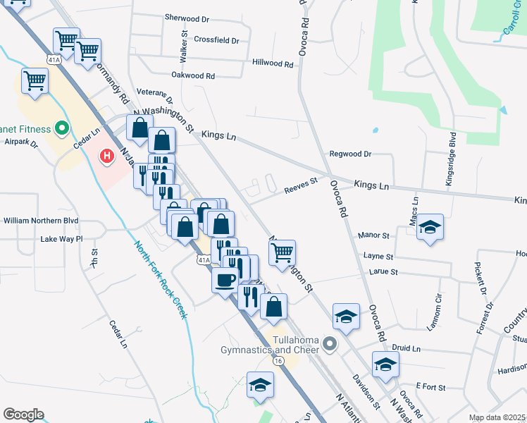 map of restaurants, bars, coffee shops, grocery stores, and more near 1514 North Washington Street in Tullahoma