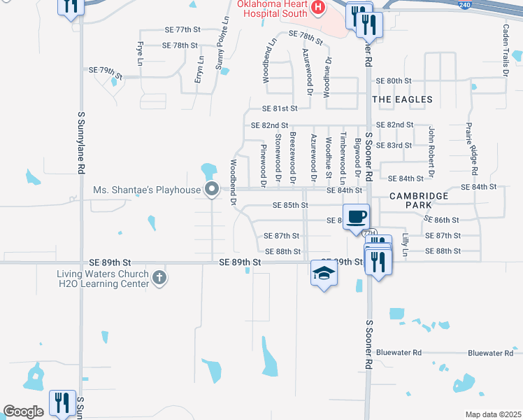 map of restaurants, bars, coffee shops, grocery stores, and more near 5201 Southeast 85th Street in Oklahoma City
