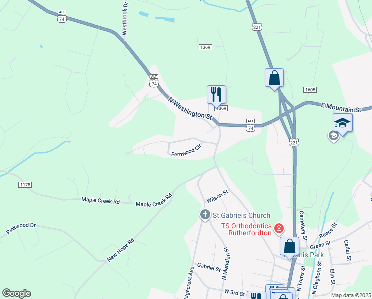 map of restaurants, bars, coffee shops, grocery stores, and more near 150 West Fernwood Drive in Rutherfordton