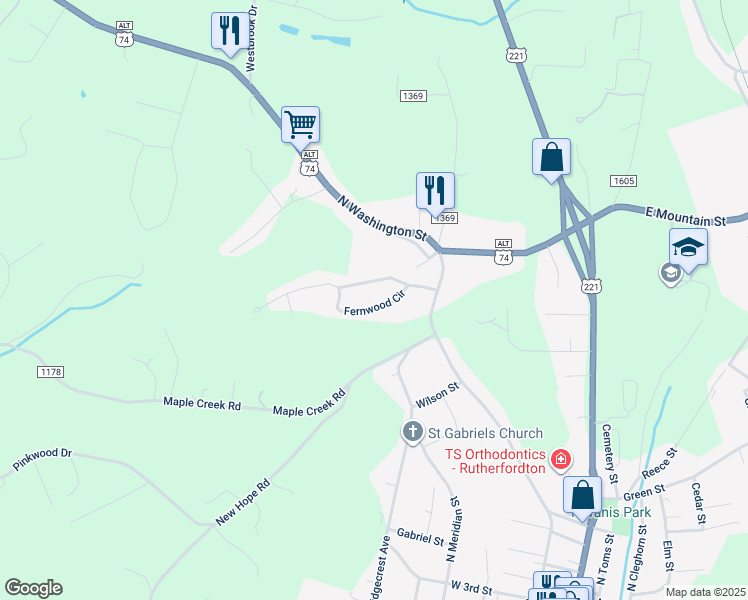 map of restaurants, bars, coffee shops, grocery stores, and more near 150 West Fernwood Drive in Rutherfordton
