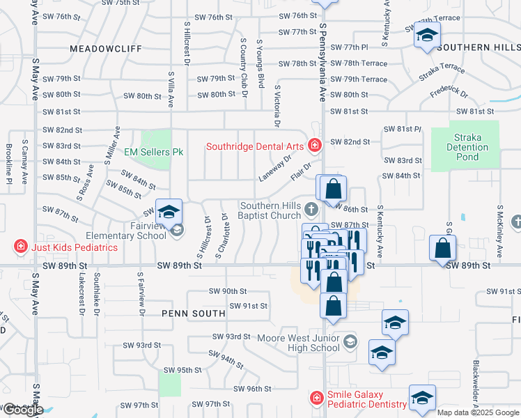 map of restaurants, bars, coffee shops, grocery stores, and more near 8704 South Youngs Boulevard in Oklahoma City