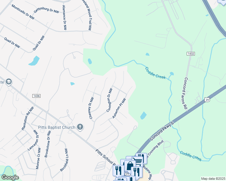 map of restaurants, bars, coffee shops, grocery stores, and more near 4788 Covington Drive Northwest in Concord