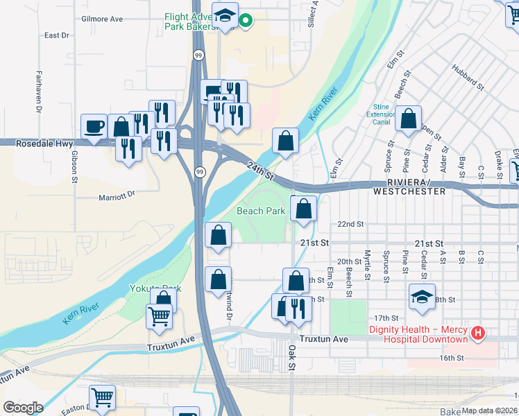 map of restaurants, bars, coffee shops, grocery stores, and more near 3400 21st Street in Bakersfield
