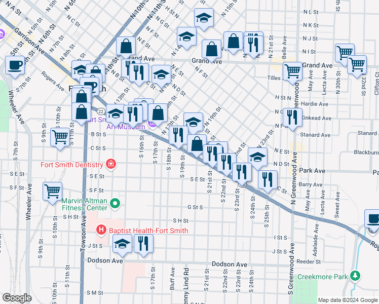 map of restaurants, bars, coffee shops, grocery stores, and more near 2906 North A Street in Fort Smith