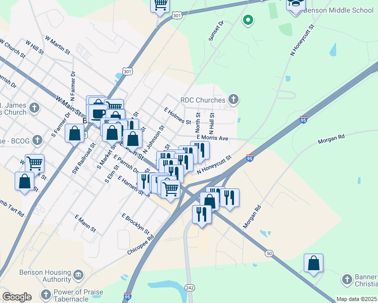 map of restaurants, bars, coffee shops, grocery stores, and more near 603 East Hill Street in Benson