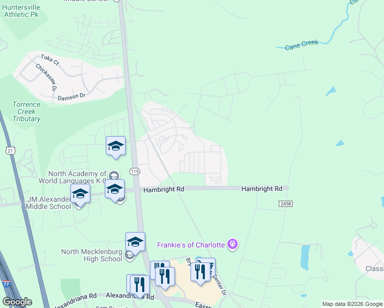 map of restaurants, bars, coffee shops, grocery stores, and more near 11785 Blessington Road in Huntersville