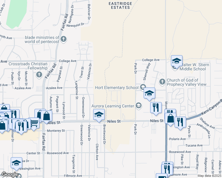map of restaurants, bars, coffee shops, grocery stores, and more near 7318 Willis Avenue in Bakersfield