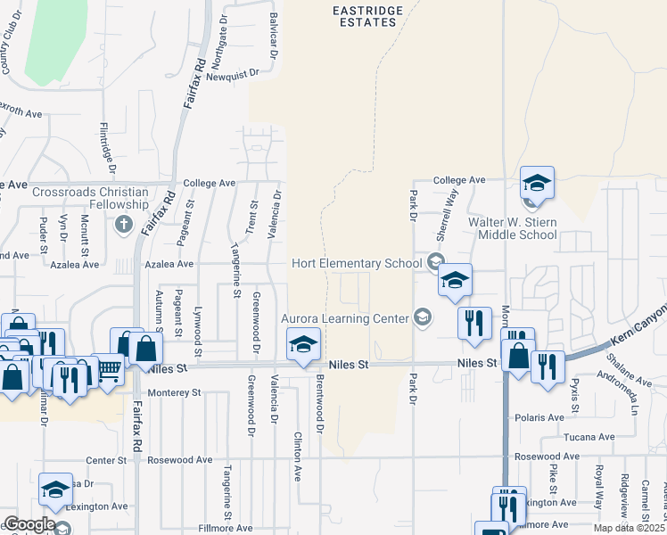 map of restaurants, bars, coffee shops, grocery stores, and more near 7310 Willis Avenue in Bakersfield