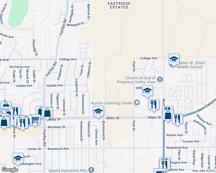 map of restaurants, bars, coffee shops, grocery stores, and more near 7112 Azalea Avenue in Bakersfield