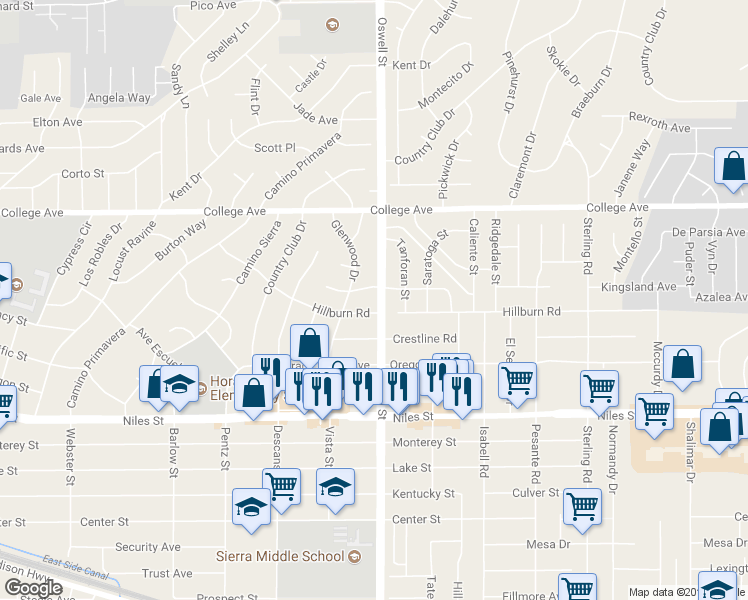 map of restaurants, bars, coffee shops, grocery stores, and more near in Bakersfield