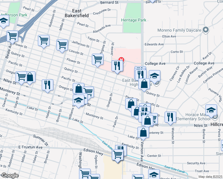 map of restaurants, bars, coffee shops, grocery stores, and more near in Kern County