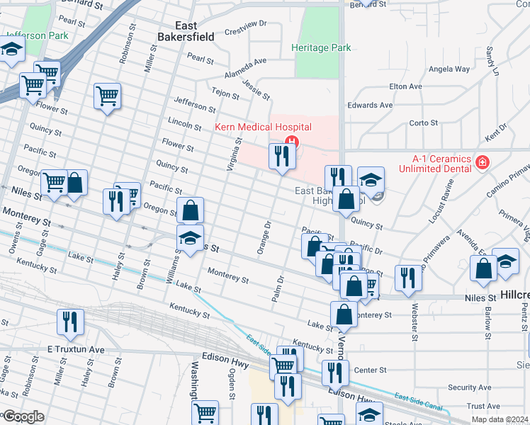 map of restaurants, bars, coffee shops, grocery stores, and more near in Kern County