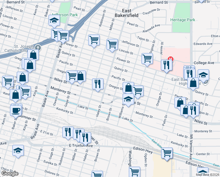 map of restaurants, bars, coffee shops, grocery stores, and more near 1330 Oregon Street in Bakersfield