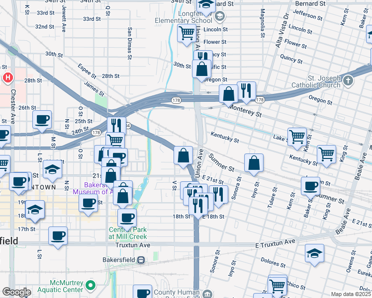 map of restaurants, bars, coffee shops, grocery stores, and more near 271-201 Hopper St in Bakersfield