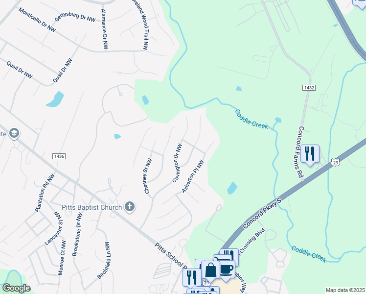 map of restaurants, bars, coffee shops, grocery stores, and more near 4788 Covington Drive Northwest in Concord