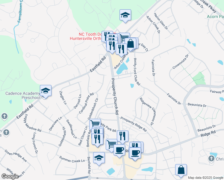 map of restaurants, bars, coffee shops, grocery stores, and more near 6441 Prosperity Church Road in Charlotte