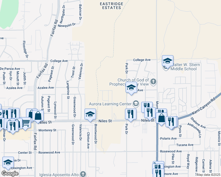 map of restaurants, bars, coffee shops, grocery stores, and more near 7424 Willis Avenue in Bakersfield