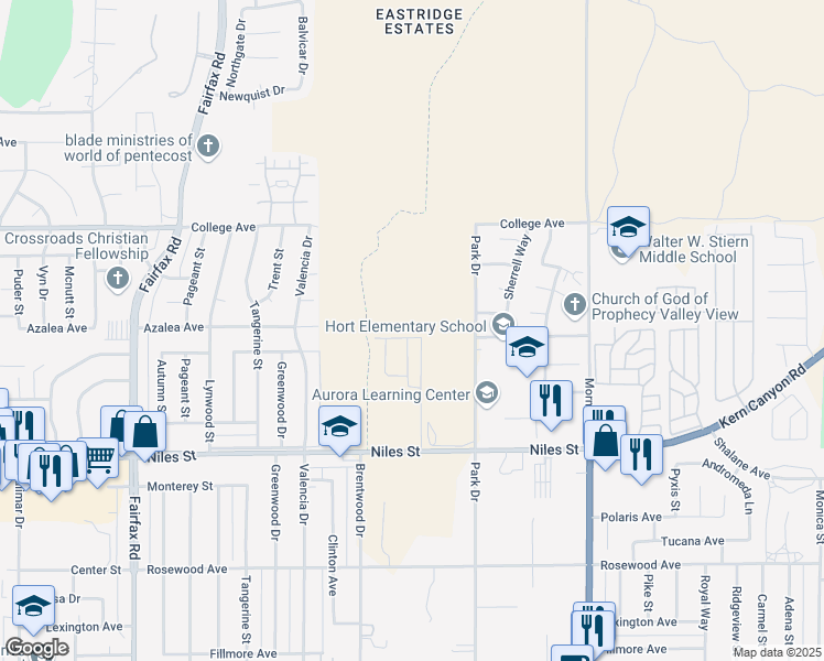 map of restaurants, bars, coffee shops, grocery stores, and more near 7420 Willis Avenue in Bakersfield