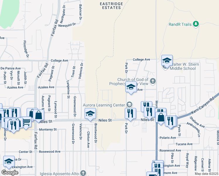 map of restaurants, bars, coffee shops, grocery stores, and more near 7420 Willis Avenue in Bakersfield