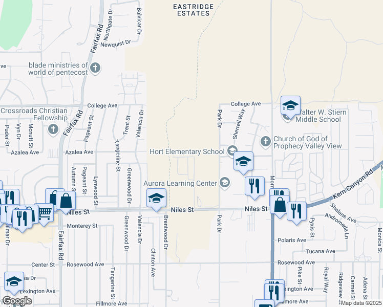 map of restaurants, bars, coffee shops, grocery stores, and more near 7424 Willis Avenue in Bakersfield