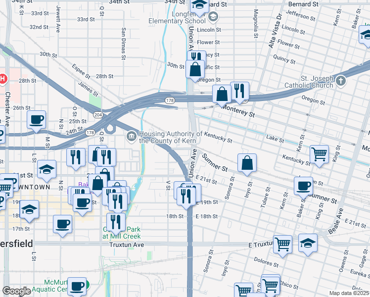 map of restaurants, bars, coffee shops, grocery stores, and more near 24 Sumner Street in Bakersfield