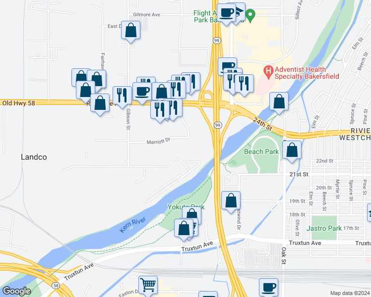 map of restaurants, bars, coffee shops, grocery stores, and more near 3101 Camino Del Rio Court in Bakersfield