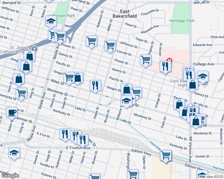 map of restaurants, bars, coffee shops, grocery stores, and more near 2 Oregon Street in Bakersfield