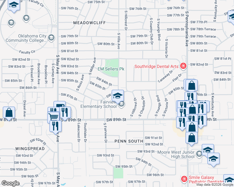 map of restaurants, bars, coffee shops, grocery stores, and more near 2512 Southwest 86th Street in Oklahoma City
