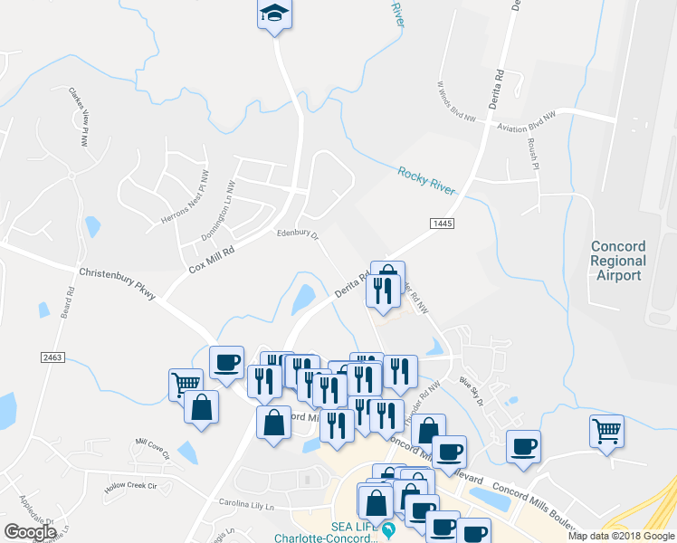 map of restaurants, bars, coffee shops, grocery stores, and more near 8901 Edenbury Drive in Concord