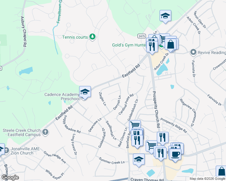 map of restaurants, bars, coffee shops, grocery stores, and more near 6618 Ziegler Lane in Charlotte